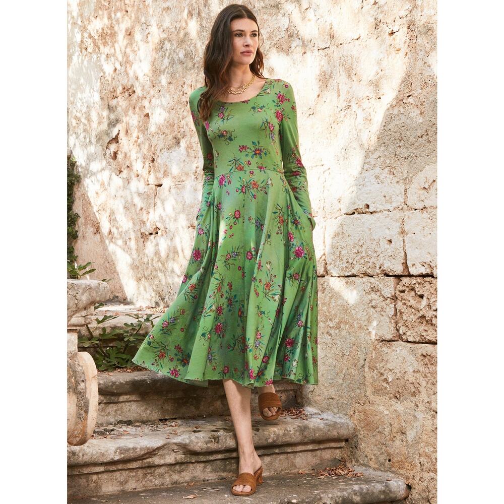 Peruvian Connection Prato Floral Long Sleeve Midi Dress in Lime Size Small